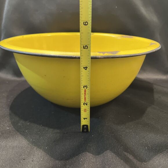 Antique Large Metal Enamel Mixing Bowl Canary Yellow with a Black Rim 11” X 4” - Picture 10 of 11